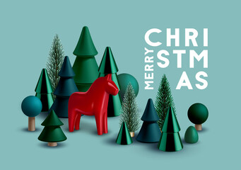 Christmas composition with Christmas trees and traditional Scandinavian toy  horse.