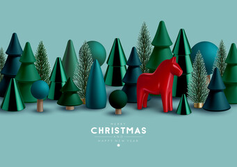 Christmas border with Christmas trees and traditional Scandinavian toy  horse.