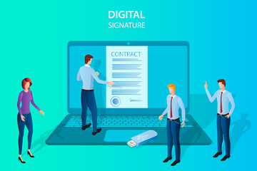 Businessmen sign the contract using an electronic signature.In the hands of businessmen flash drive and document.Business activity the concept of successful negotiations and agreements.Flat vector ill