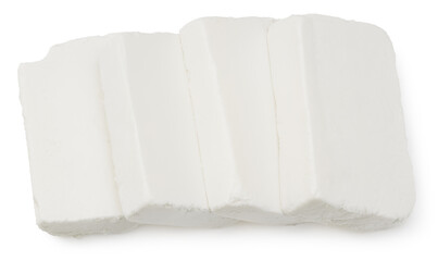 Slices feta cheese isolated on white background. Clipping path and full depth of field. Top view