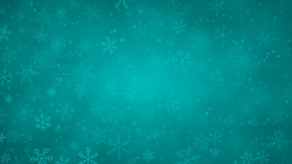 Christmas background of snowflakes of different shapes, sizes and transparency in light blue colors