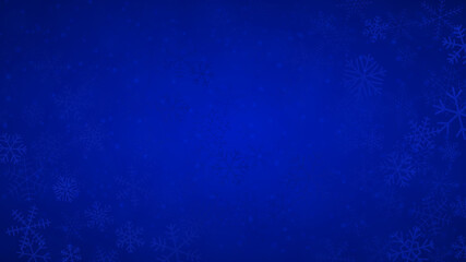 Fototapeta na wymiar Christmas background of snowflakes of different shapes, sizes and transparency in blue colors