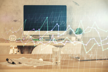 Multi exposure of financial graph drawing and office interior background. Concept of market...
