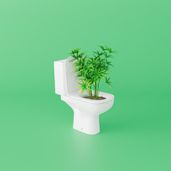 Plant growing from toilet, growth concept on green background. 3d render 3d illustration