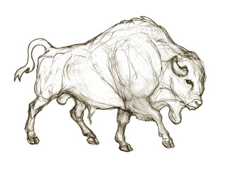 bison, wild bull, hand pencil drawing isolated on white background for greeting cards, calendars, design