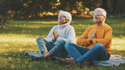 Fototapeta premium Wellbeing concept. Portrait of happy senior retired couple meditating in autumn park. High quality photo