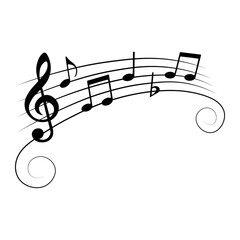 Music notes with round swirls, isolated on white background, vector illustration.