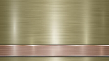 Background consisting of a golden shiny metallic surface and one horizontal polished bronze plate located below, with a metal texture, glares and burnished edges