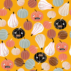 Halloween seamless pattern with funny pumpkins. Vector hand drawn illustration.