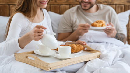Romantic breakfast at home or hotel in bed for two during quarantine or honeymoon
