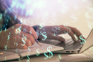 Double exposure of businesswoman hands typing on computer and forex chart hologram drawing. Financial analysis concept.