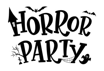 Horror Party text design. Halloween vector illustration with haunted house, bats silhouettes, ghost, web and trees. Isolated lettering sign. For banner, poster, greeting card, stamp