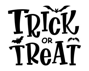 Trick or Treat text banner. Halloween phrase. Isolated test with bats' silhouettes. Hand drawn doodle letters for Halloween poster, greeting card, print or banner. Party lettering  vector illustration