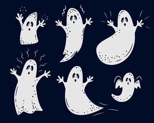 Set of black ghosts' silhouettes on black background. Ghost collection for halloween character design. Halloween scary monsters. Cute cartoon spooky character. Vector flat illustration