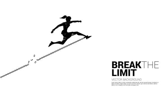 Silhouette of businesswoman jump to break the chain at foot. Concept of break the rule and limit in business.