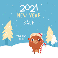 Fototapeta premium Cute cartoon ox with the Christmas tree. Design for greeting cards, advertising, banners, prints. Xmas card. Merry Christmas and Happy new year 2021. Vector colorfull illustration.