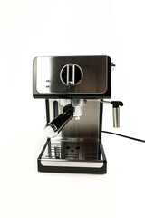 Black and silver espresso machine with filter holder and steaming wand