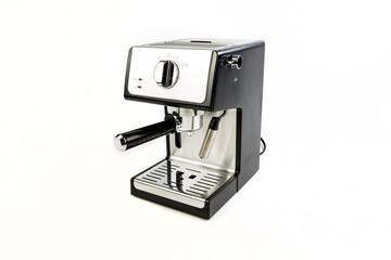 Black and silver espresso machine with cord coiled behind it