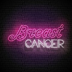 Naklejka na ściany i meble Vintage Glow Signboard with Breast Cancer Inscription. Awareness Month. Neon Light Flyer, Banner, Postcard, Invitation. Brick Wall. Vector 3d Illustration