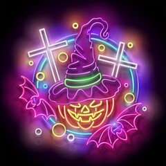 Glow Halloween Greeting Card with Witch Pumpkin, Crosses and Bats. Postcard Holiday Template. Shiny Neon Light Poster, Banner, Invitation. Glossy Background. Vector 3d Illustration