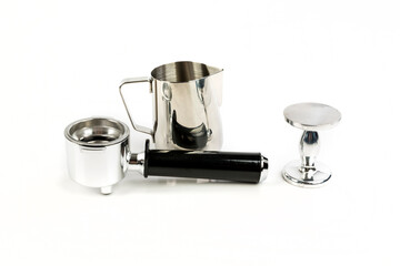 Black and silver coffee filter holder milk steamer and metal tamper