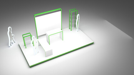 Empty exhibition booth with people outlines, copy space illustration, original design 3d rendering