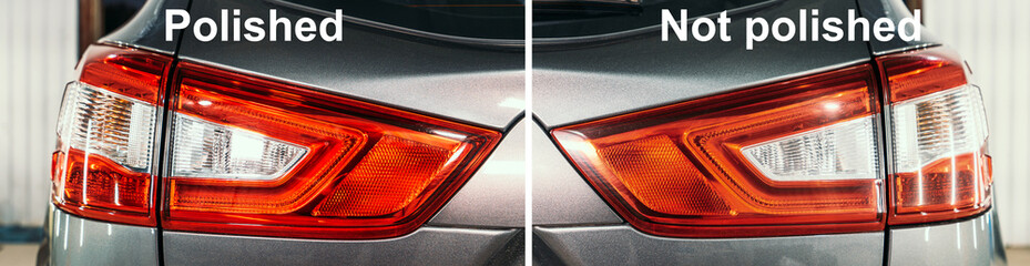 Polished and not polished or unpolished optics of rear lights of car, before and after concept.