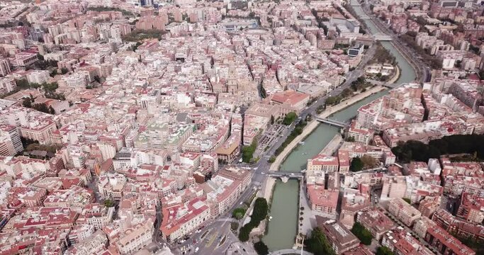 Aerial view of Murcia cityscape with a segura river and apartment buildings, Spain. High quality 4k footage