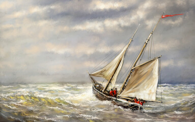 Fototapeta na wymiar Old ship in the sea. Digital oil paintings landscape. Fine art. 