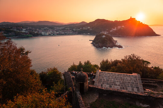 View from La Concha bay, Santa Clara island and Igeldo mountain at Donostia-San Sebastian, Basque Country.