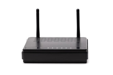 black wifi router device isolated on a white background. online and internet communication hardware
