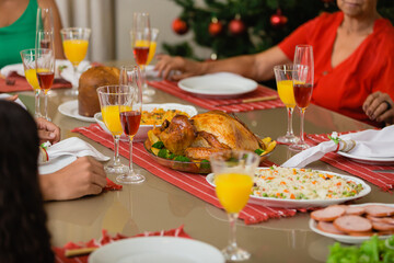 Summer Christmas dinner in Brazil. Real Brazilian family having fun at the Latin American Christmas party. delicious christmas turkey accompanied by potatoes