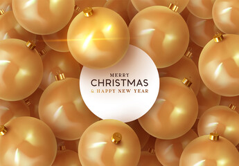Fototapeta na wymiar Background with Christmas balls. Realistic Xmas decorative gold round baubles. Greeting card, banner, poster, flyer, elegant brochure. Merry Christmas and happy new year. vector illustration