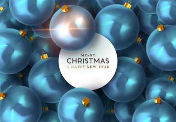 Blue Background with Christmas balls. Realistic Xmas decorative round baubles. Greeting card, banner, poster, flyer, elegant brochure. Merry Christmas and happy new year. vector illustration
