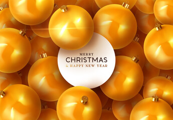 Background with Christmas balls. Realistic Xmas decorative gold round baubles. Greeting card, banner, poster, flyer, elegant brochure. Merry Christmas and happy new year. vector illustration