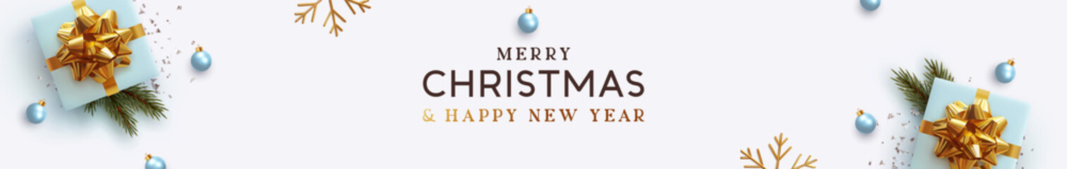 Christmas banner. Background Xmas design of realistic blue gifts box, golden 3d render snowflake and glitter gold confetti, bauble ball. Horizontal christmas poster, greeting card, headers for website