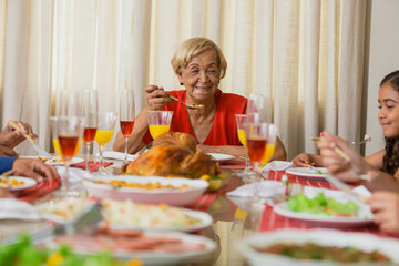 Summer Christmas dinner in Brazil. Real Brazilian family having fun at the Latin American Christmas party. latin elderly woman having dinner