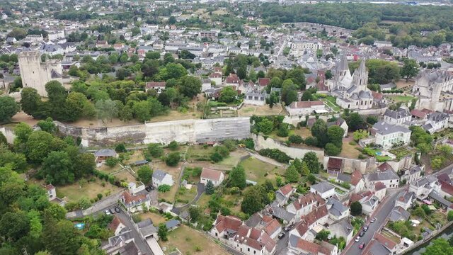 Flight over the city Loches and the Royal castle Loches on summer day. France