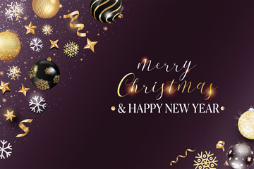 card or banner on "merry christmas and happy new year" in gold with baubles, streamers, stars, snowflakes and glitter in black and white gold color on a dark purple background in gradient