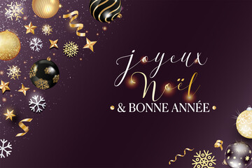 carte ou bandeau sur "joyeux Noël et bonne année"  en or avec des boules, serpentins, étoiles, flocons et paillettes de couleur or noir et blanc sur une fond violet foncé en dégradé