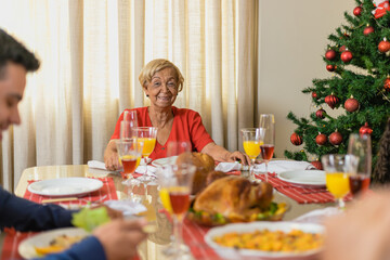 Summer Christmas dinner in Brazil. Real Brazilian family having fun at the Latin American Christmas party. latin elderly woman smiling