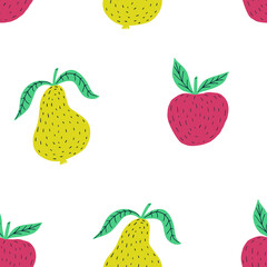 Hand drawn colorful seamless pattern of hand drawn apples pears and leaves. Scandinavian design style. Perfect for textile manufacturing wallpaper posters etc. Vector illustration