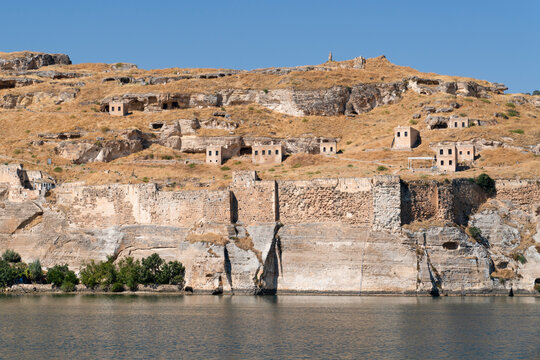 Abandoned stone houses on cliffs near the Euphrates River, Halfeti, Sanliurfa Province of Turkey