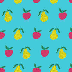 Fototapeta na wymiar Hand drawn colorful seamless pattern of hand drawn apples pears and leaves. Scandinavian design style. Perfect for textile manufacturing wallpaper posters etc. Vector illustration