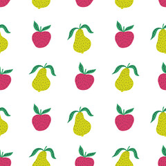Hand drawn colorful seamless pattern of hand drawn apples pears and leaves. Scandinavian design style. Perfect for textile manufacturing wallpaper posters etc. Vector illustration