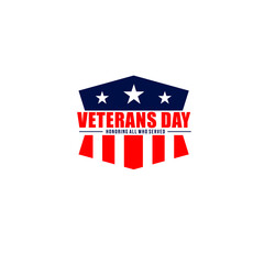 Vector illustration of hexagon shield with stars and text Veterans Day honoring all who served isolated on white background perfect for Veterans Day celebration badge or logo