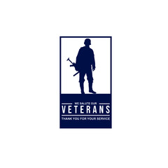 Soldier silhouette in blue square box vector illustration with text we salute our veterans isolated on white background perfect for Veterans Day commemoration logo
