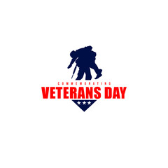 Vector illustration of soldier rescuing other's silhouette with text and white stars in blue triangle isolated on white background perfect for Veterans Day celebration badge or logo