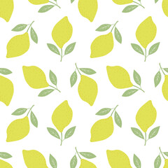 Hand drawn colorful seamless pattern of hand drawn lemons and leaves. Scandinavian design style. Perfect for textile manufacturing wallpaper posters etc. Vector illustration