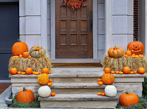 Front Door With Autumn And Halloween Decorations